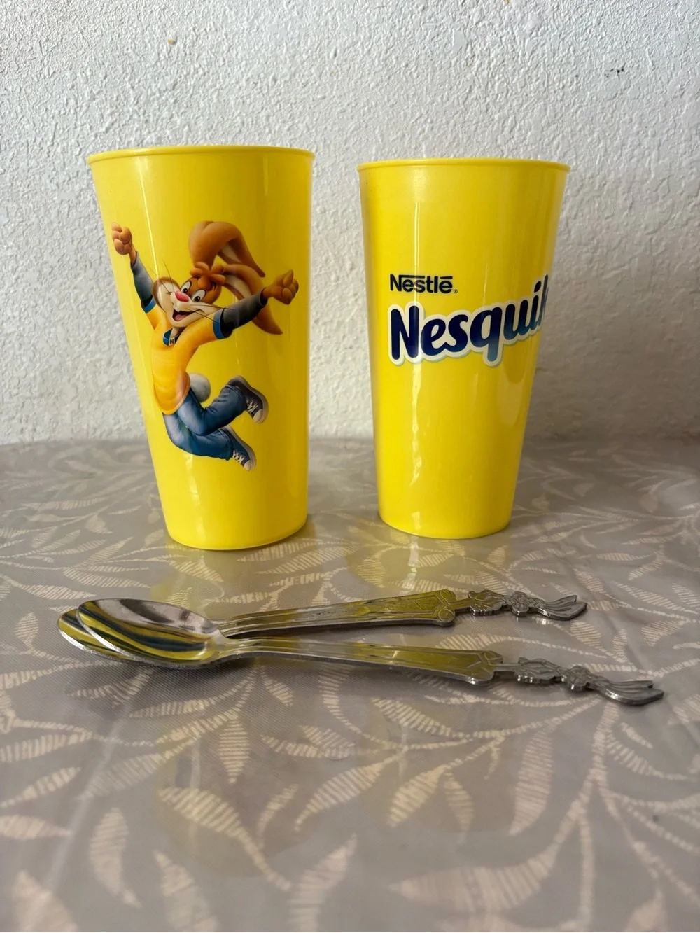Set of 2 Nestle Quik Bunny Rabbit Stainless Spoons and 2 cups
